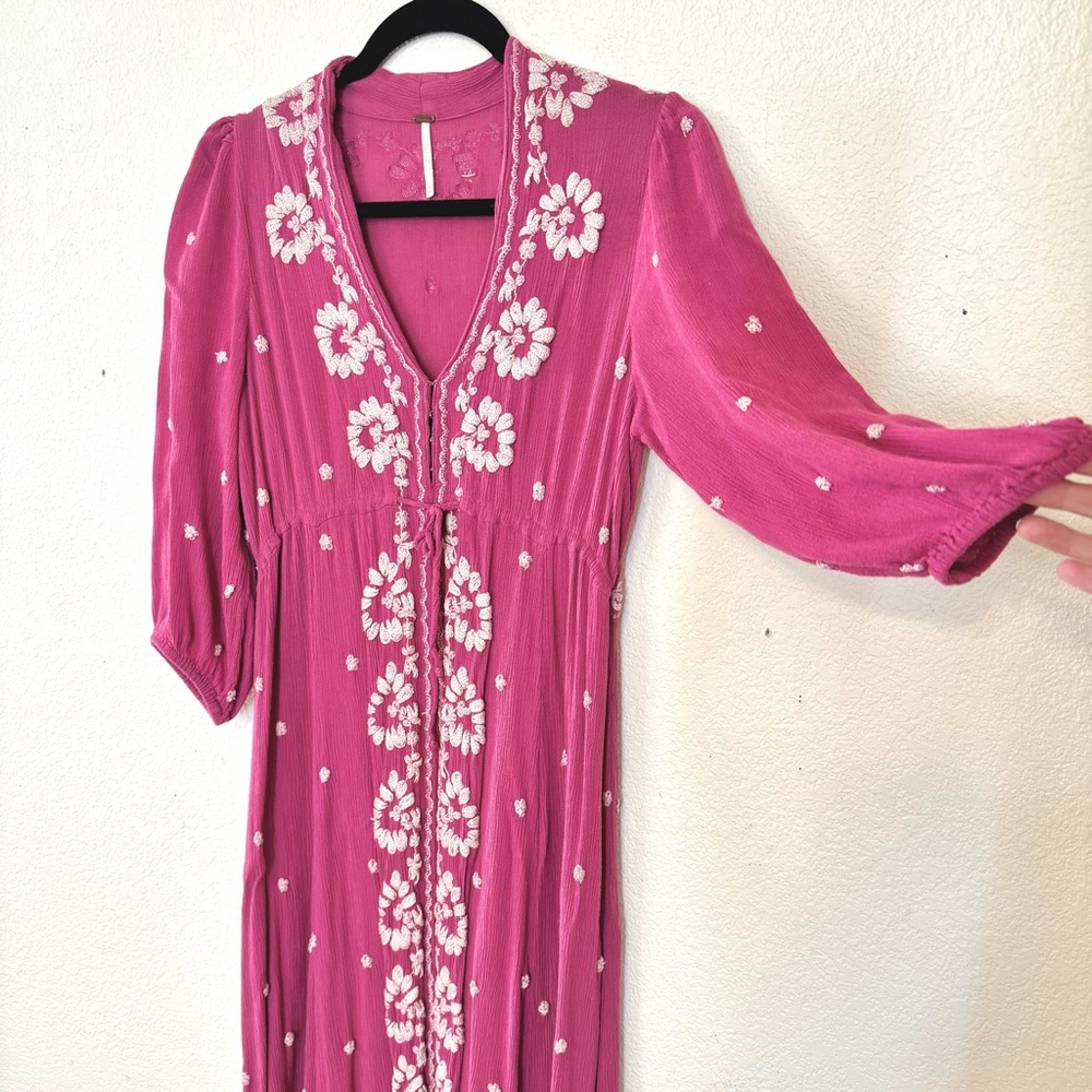 Free People Embroidered Fable Midi Dress - Raspberry Size Small - Picture 5 of 13